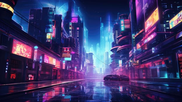 A cyberpunk-inspired cityscape at night, illuminated by neon signs and lights, with futuristic cars traversing the vividly colored streets. Resplendent.