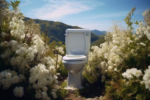 Toilet Amidst Blooming Flowers in Nature.