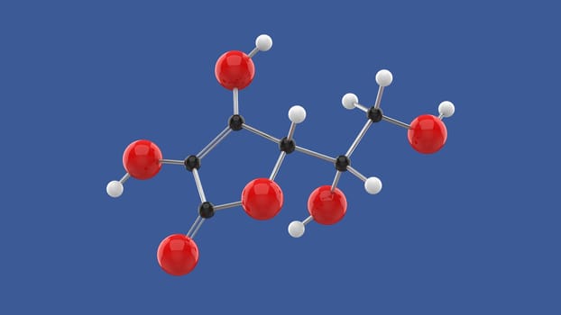 Vitamin C Ascorbic Acid 3D molecule structure, on blue background, 3D rendering illustration