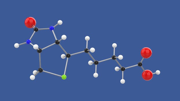 Vitamin B7 Biotin 3D molecule structure, spinning on blue background, 3D rendering illustration