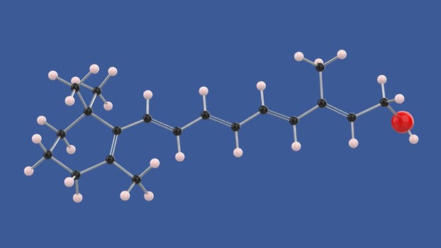 Vitamin A Retinol 3D molecule structure, on blue background, 3D rendering illustration