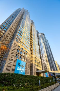 Tokyo, Japan. January 9 2024. panoramic view of the Tokyo Metropolitan Government Building  at sunset, in the city center