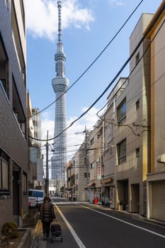 Tokyo, Japan. January 2024. Sumida district houses with the Tokyo Skytree tower in the background