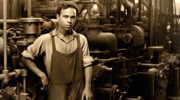 Vintage image of a young man in overalls standing in front of a machine - Generative AI