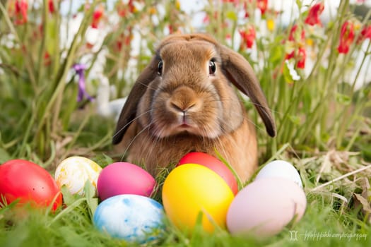 A brown rabbit among vibrant Easter eggs nestled in spring grass with flowers