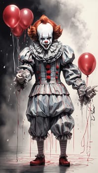 Pennywise clown with red balloons on the background of smoke. IT horror movie main character photo. AI Generated.