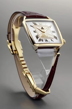 Wristwatch with gold dial and brown strap on gray background. AI Generated.