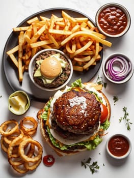 Grilled hamburger with french fries on white marble table, top view. AI Generated.