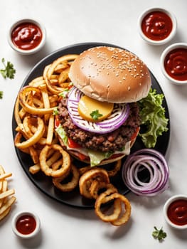 Cheese burger - American hamburger with Golden French fries, onion rings and ketchup. AI Generated.