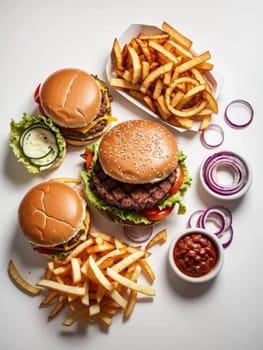 Hamburger with French fries and vegetables on a white background. AI Generated.