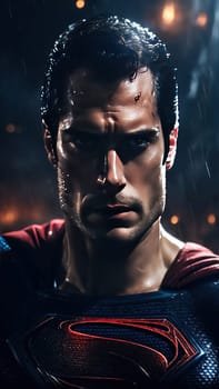 Portrait of superman henry cavill in the rain on a dark background. AI Generated.