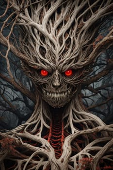 Scary tree branches monster in the forest. 3D illustration. Horror demon concept. AI Generated.