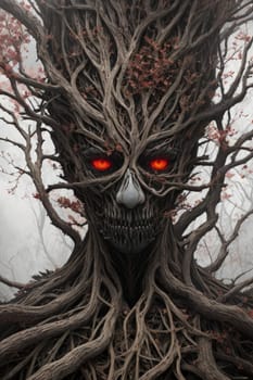 Scary devil monster with red eyes in shape of dark tree. AI Generated.
