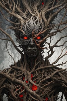 3d illustration of scary tree skeleton with red glowing eyes. AI Generated.