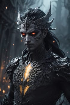 Portrait of a demon warrior in the dark forest. Fantasy. AI Generated.