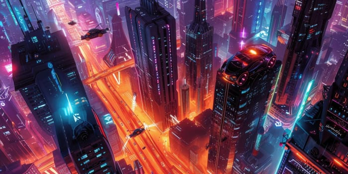 Futuristic city glows with soft hues, complemented by the sleek design of hovering vehicles above the vibrant skyline. Resplendent.