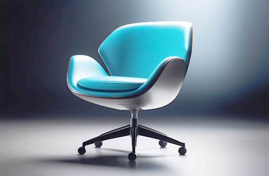 One transparent acrylic chair in blue with comfortable wheels, on a dark background.