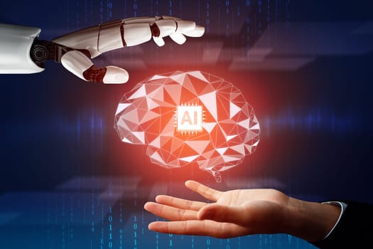 XAI 3D Rendering futuristic robot technology development, artificial intelligence AI, and machine learning concept. Global robotic bionic science research for future of human life.