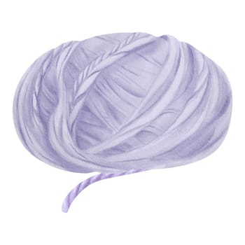 A watercolor illustration of a blue thread spool. Made of wool and cotton fibers. Suitable for crafting enthusiasts, sewing shops, textile manufacturers, and DIY-themed designs.