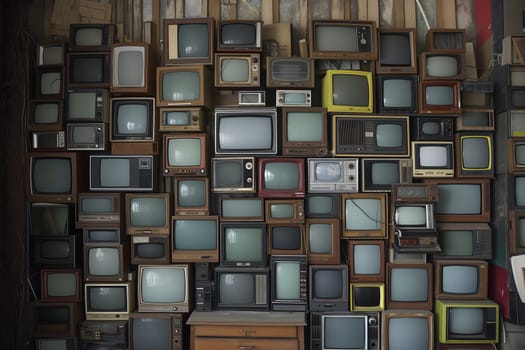 Many old analog tv sets stacked along the wall. Digital neural network generated image. Not based on any actual scene or pattern.