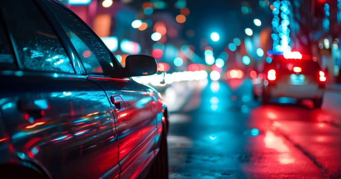 Police car lights at night in city street with selective focus and bokeh. Neural network generated image. Not based on any actual person or scene.