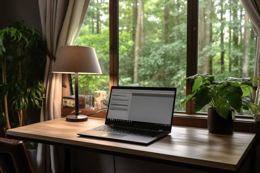 A modern laptop on a wooden tabletop near huge panoramic windows. Live plants in a pot. Remote work concept