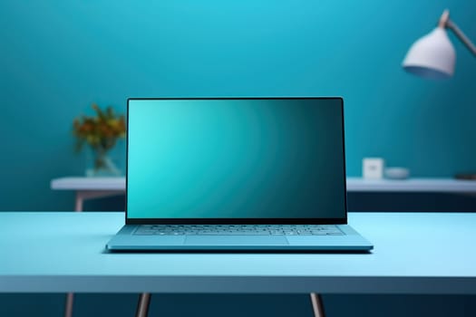 Table for working at a computer. Workplace at home, light table with computer, mouse and cup. Remote work from home