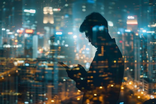 Double exposure of business and a city - Asian businessman using a digital tablet superimposed on a city skyline. Neural network generated image. Not based on any actual person or scene.