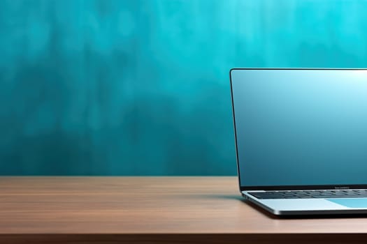 Horizontal blurred background with a laptop on the right on a wooden table.