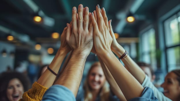 The business teams their hands up together while standing in the office. Teamwork concept. Neural network generated image. Not based on any actual person or scene.