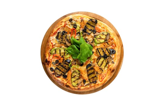 vegetarian pizza with eggplant and zucchini on white background