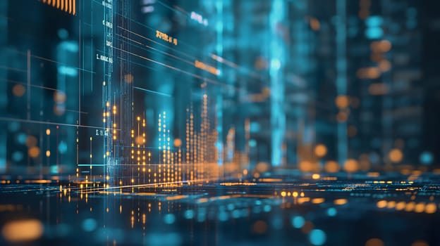 Dynamic Finance Flow, Double Exposure of Data and Technology background. Neural network generated image. Not based on any actual scene or pattern.