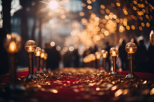 Red carpet at a film festival with a blurred golden bokeh background.
