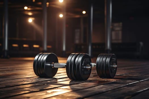 Barbell for fitness training on a wooden floor. Power training.