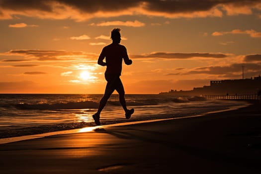 Silhouette of a man jogging along the shore at sunset and dawn.
