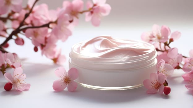 Jar of cream and blossoming branch. Cream with extract of Pink tree on a light background AI