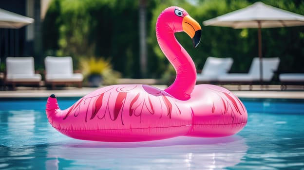 An inflatable pink flamingo on the surface of the pool. Summer AI