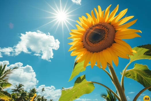 sunflower, Beautiful field of blooming sunflowers against blurry sunny cloudy and blue sky.