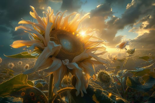 sunflower, Beautiful field of blooming sunflowers against blurry sunny cloudy and blue sky.