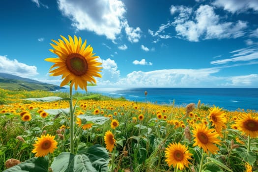 sunflower, Beautiful field of blooming sunflowers against blurry sunny cloudy and blue sky.