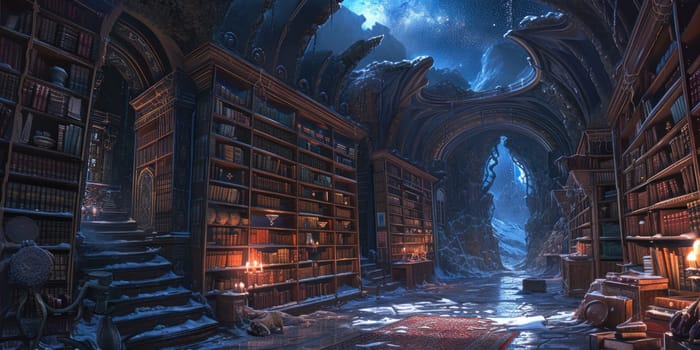 An ancient library filled with magical books, glowing orbs, and mystical artifacts. Shelves reach up to a high, vaulted ceiling, with soft light filtering through stained glass windows. Resplendent.