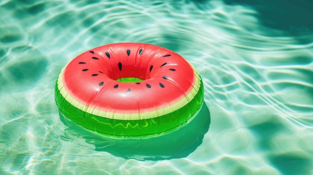 An inflatable circle in the color of a Watermelon on the surface of the pool AI