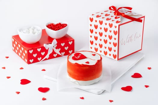 Trendy cake with cute decor on light background. Cake for Valentine's Day, Mother's Day or Birthday.