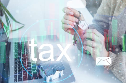 Business hand clicks virtual screen to tax return online for tax payment. Government, state taxes. Data analysis, paperwork, financial research, report. Calculation tax return.