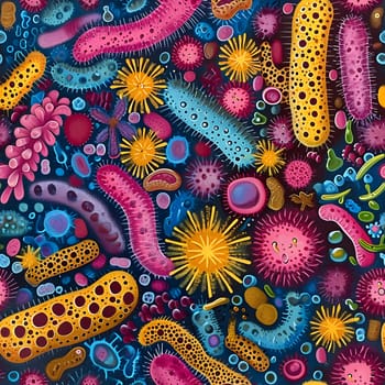 Seamless texture and background of diverse colorful abstract microbiome, containing many different types of microorganisms. Neural network generated in January 2024. Not based on any actual scene or pattern.