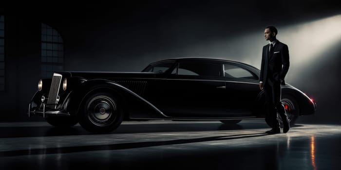 Distinguished man beside vintage luxury car in spotlight. A suave gentleman in a tailored suit stands by a classic luxury car, highlighted by a dramatic shaft of light in a dark, atmospheric setting.