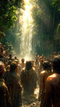 Jesus and a group of individuals stand in a pond as a baptism ceremony takes place.