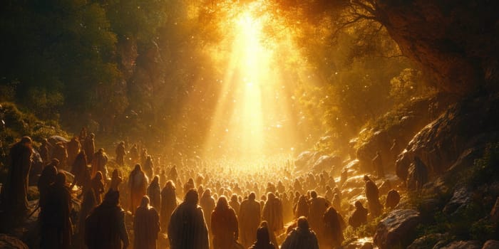 A large group of people walking through a forest on the day commemorating the ascension of Jesus Christ into heaven.