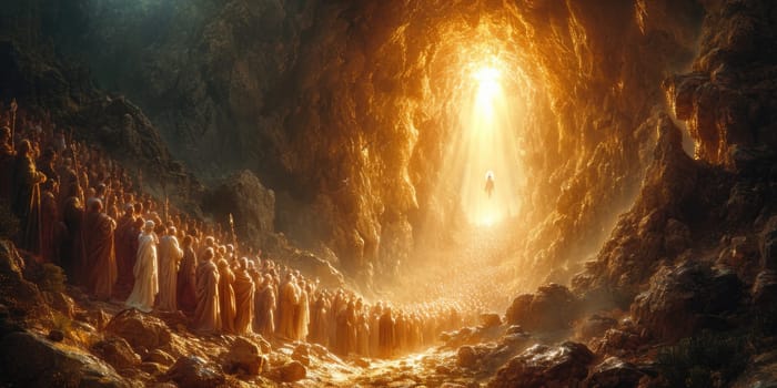 A man stands in a cave surrounded by rocks, representing the ascension of Jesus Christ into Heaven.
