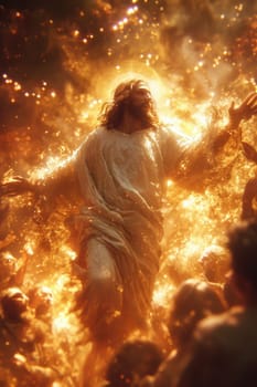 Jesus Christ is seen walking through a field engulfed in flames, illustrating the ascension into heaven.